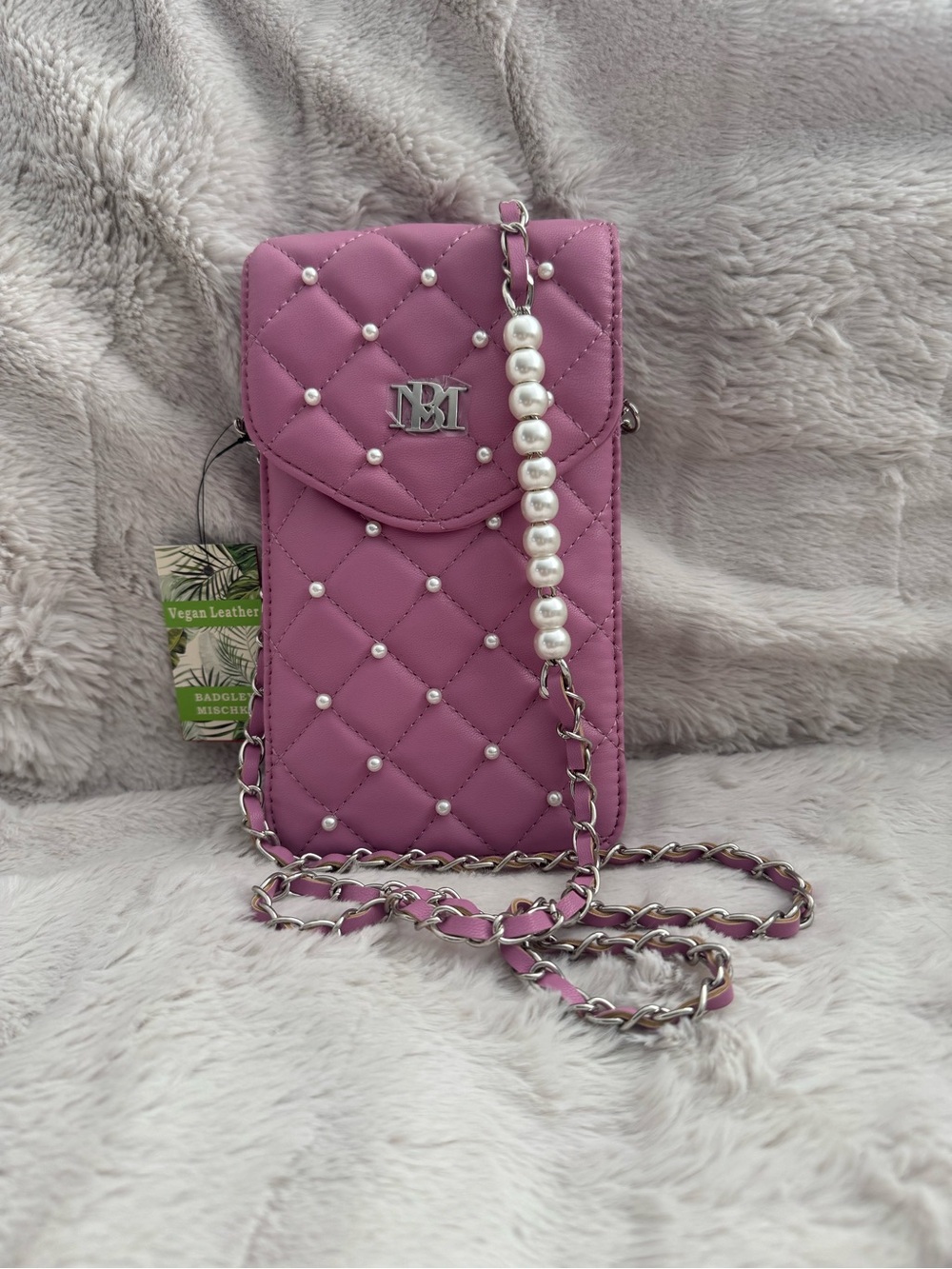Jewel Badgley Mischka Quilted Pearl-Accent Phone Crossbody - Pink